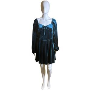 Preloved Blu Pepper Teal Velvet Corset Mini Dress Long Balloon Sleeve Size Large